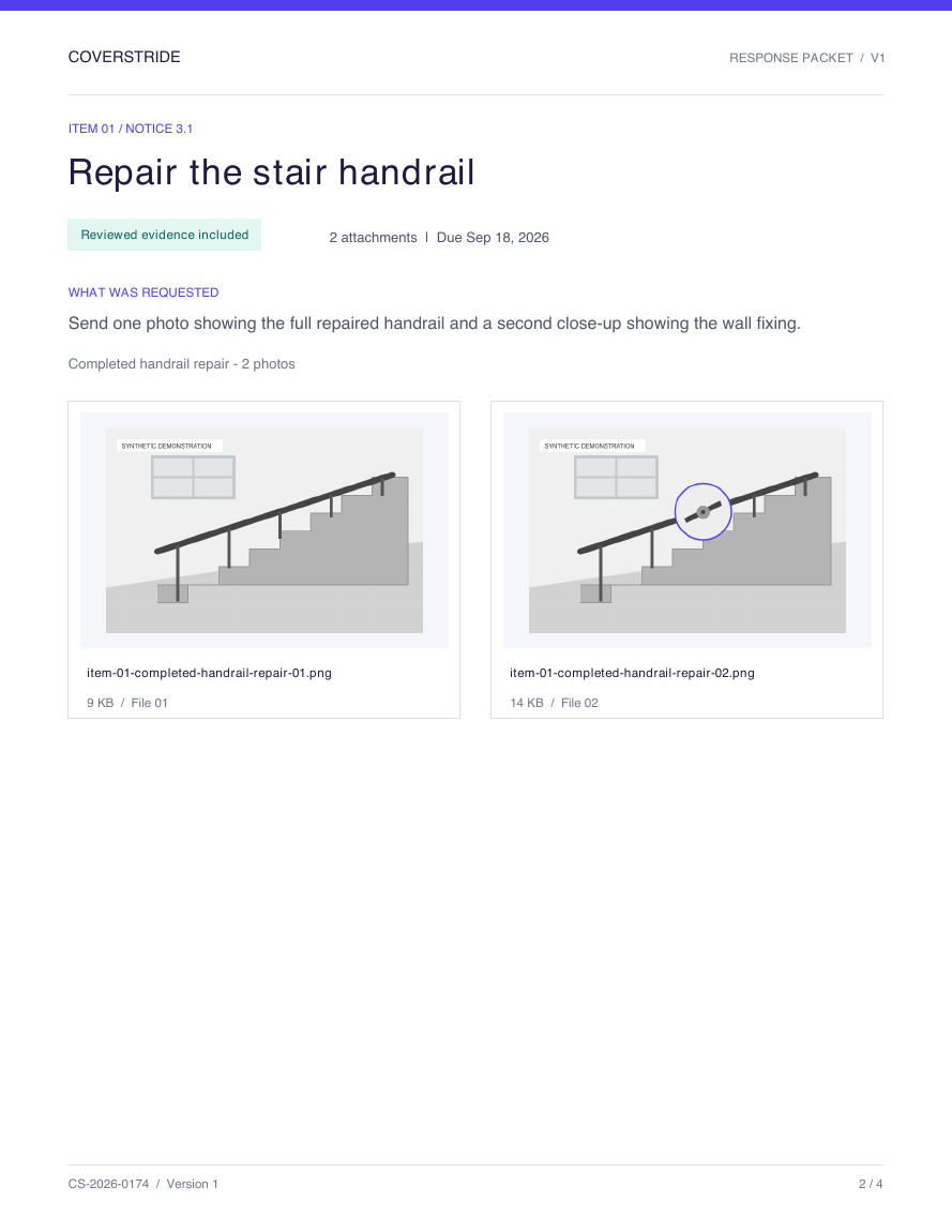 Sample evidence page with labelled repair photos and standardized filenames